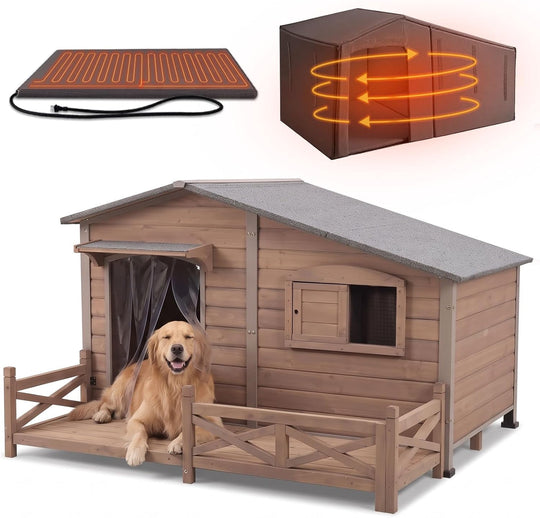 MEDEHOO Extra Large XXL Heated Dog House Insulated Dog Kennel with Safe Heating Pad, Chew-Proof Metal Frame, 6-Sided Thermal Liner for Large Dog Breeds, Dark Brown AIR7024L-CG-HP-G2-CC