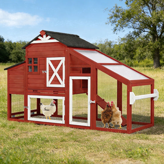 MEDEHOO Wooden Chicken Coop for 4 Chickens Mobile Chicken House on Wheels Expandable Poultry Cage with Large Nesting Box and Pull-Out Tray Red