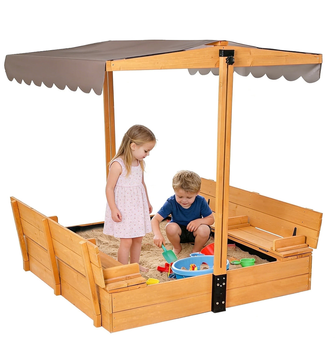 MEDEHOO Sandbox with Cover Wooden Sand Box with Lid Foldable Beench Seats and Retractable Roof Large Sand Boxes for Backyard Garden Beach Patio 47"