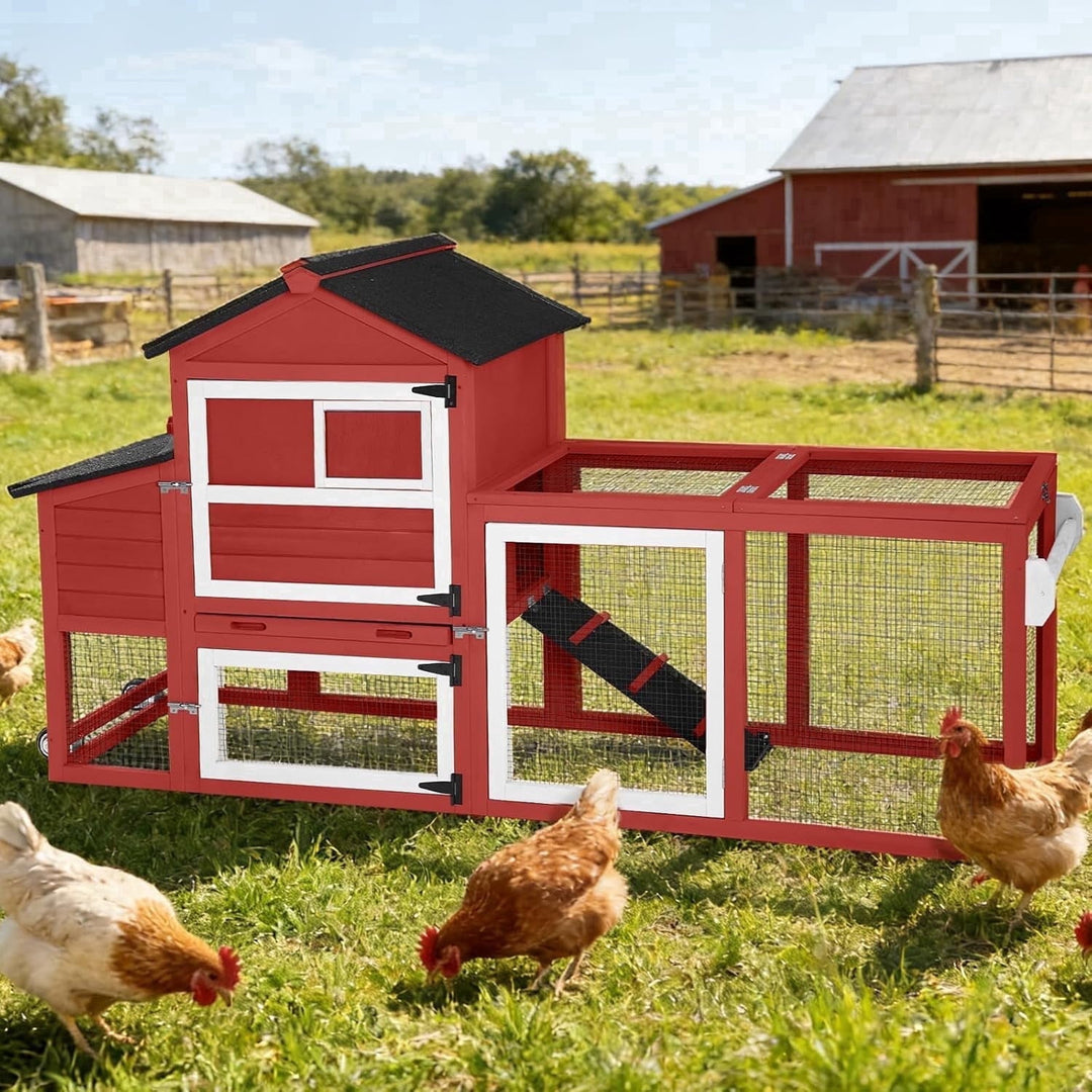 MEDEHOO Large Chicken Coop with Wheels  82.4" L Outdoor Hen House with Run Nesting Box for 4-6 Chickens, Mobile Chicken House Portable Duck Coop Red
