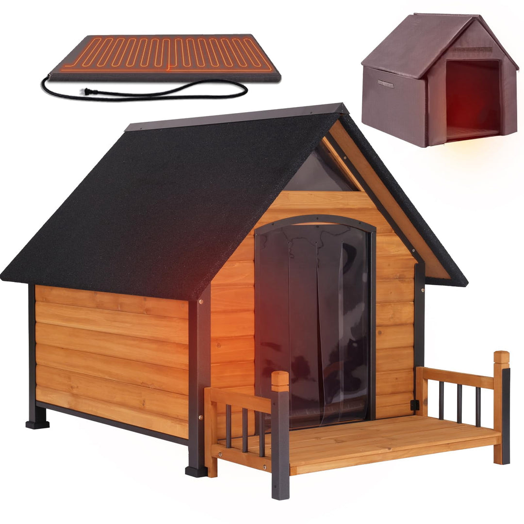 MEDEHOO Heated Dog House for Outside Insulated Large Dog House Outdoor with Safe Heated Pad, Chew-Proof Metal Frame &amp; Insulated Liner for Medium to Large Dogs, 37.4" L x 50.9" W x 37.2" H
