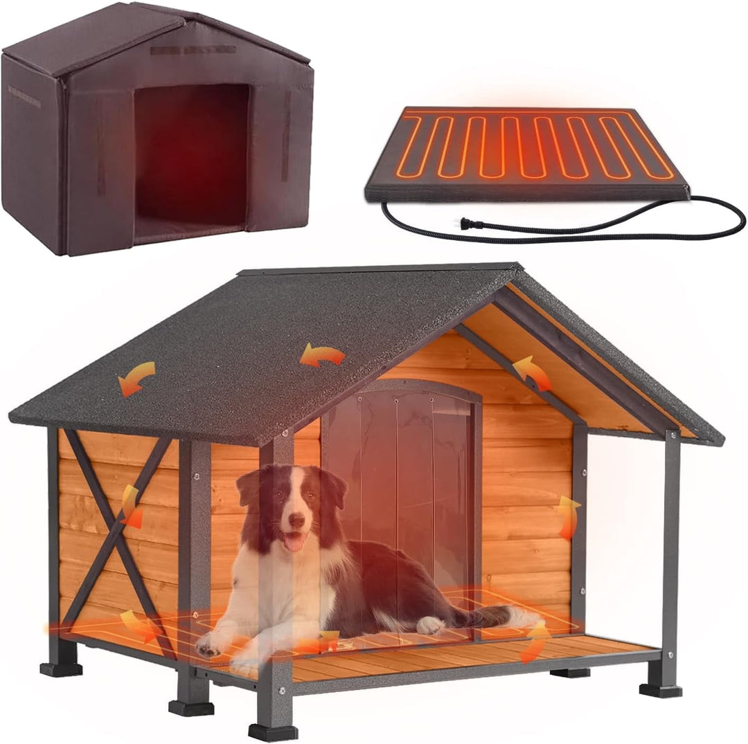 MEDEHOO Heated Outdoor Dog House - Weatherproof Insulated Wooden Shelter with Iron Frame, Large Porch for Medium &amp; Large Dogs, Indoor/Outdoor Kennel