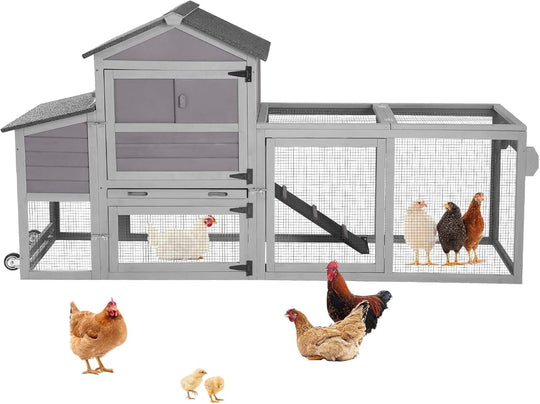 MEDEHOO Mobile Wooden Chicken Coop with Wheels, Large Chicken House with Nesting Box &amp; Removable Tray Outdoor Hen House (Grey, 45.3”L×26.8”W×35.4”H) AIR72-D14-WM