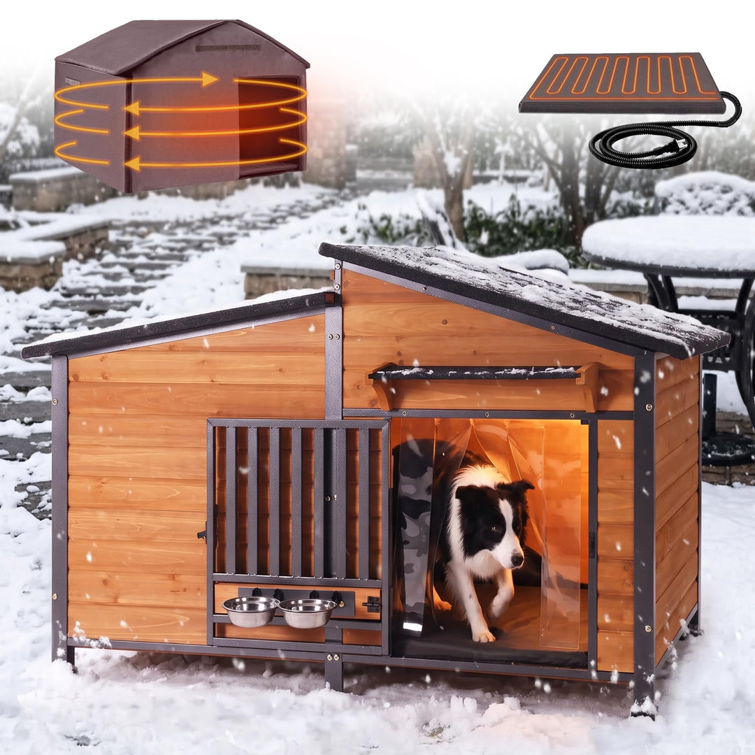 MEDEHOO Extra Large Heated Dog House Outdoor Insulated Dog Kennel Winter Shelter with Safe Heating Pad, Chew-Proof Metal Frame, 6-Sided Thermal Liner for Large Dog Breeds (Brown) AIR7021-L-IN-HP-C11-WM