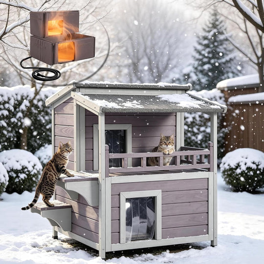 MEDEHOO 2 Story Heated Cat House for Outside Outdoor Cat House Insulated Weatherproof Feral Cat Shelter with Heated Pad, Insulated All-Round Thermal Liner, Chewproof Cable for 1-4 Cats in Winter AIR33-IN-HP-MC-WM