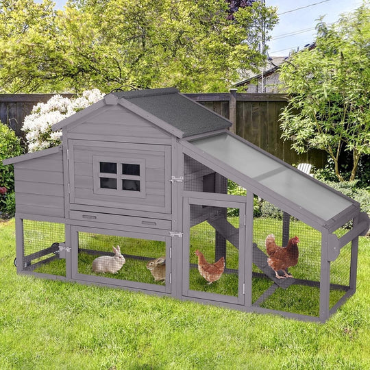 MEDEHOO Mobile Chicken Coop with Wheels, Outdoor Hen House with Leak-Proof Tray, UV-Resistant Roof &amp; Nesting Box for Chickens, Ducks, Rabbits (Grey)