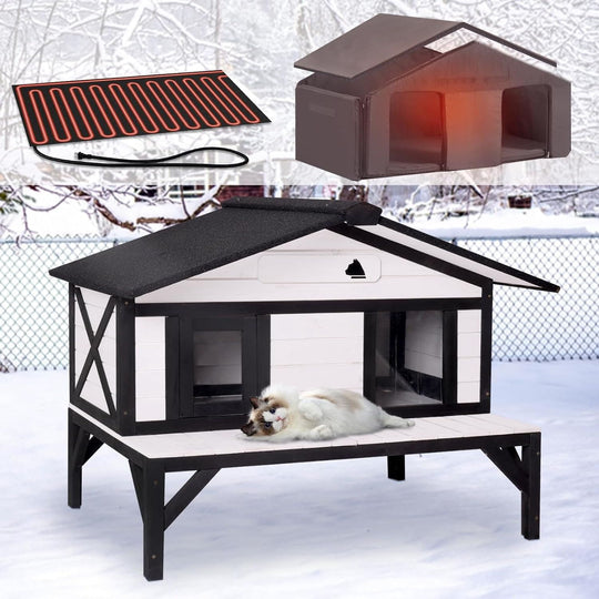 MEDEHOO Heated Outdoor Cat House, All-Sided Insulated Cat Shelter with Heating Pad, Weatherproof Winter Home with Escape Doors