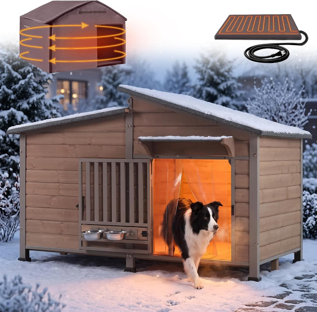 MEDEHOO 60" Heated Dog House Outdoor, Extra Large Insulated Kennel with Chew-Proof Metal Frame &amp; Rotating Bowl