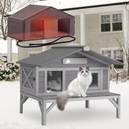 MEDEHOO Heated Cat House for Outside Insulated Feral Cat Shelter Outdoor for Winter, Weatherproof Kitty Condo with Heated Pad Indoor Gray AIR92M-IN-HP-2AML-WM