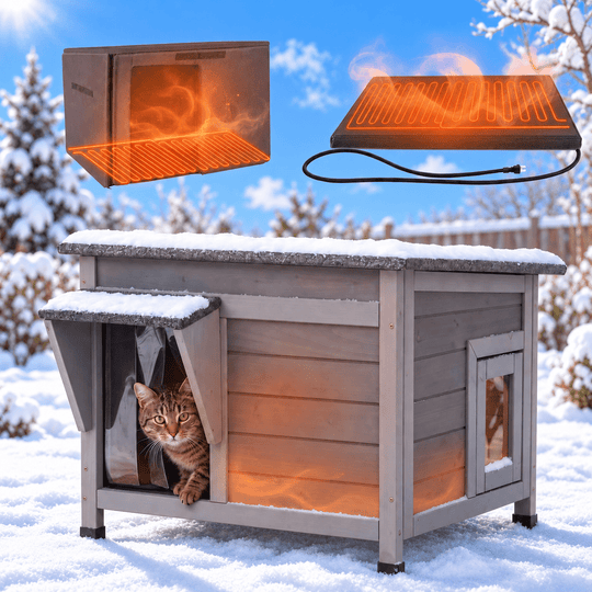 MEDEHOO Heated Outdoor Cat House with Heating Pad and Washable Insulated Liner, Wooden Shelter for 1–2 Cats AIR12-HP-WFS-GE