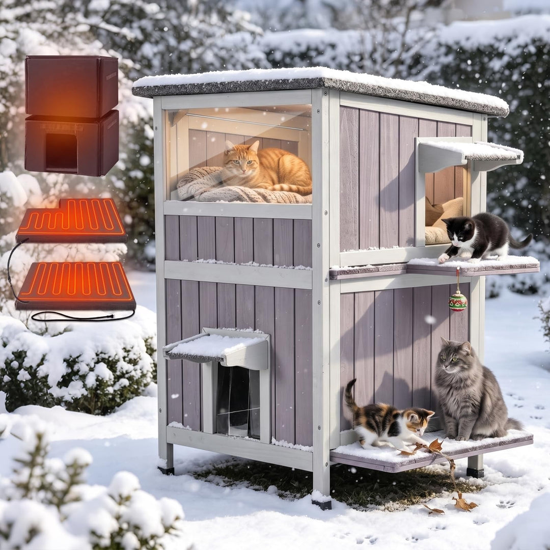MEDEHOO Larger 2-Story Heated Cat House for Outside Waterproof Cat Shelter with Insulated Liner Keep Warm in Winter Indoor Cat Cage with Waterproof Roof,Heated Pad Include