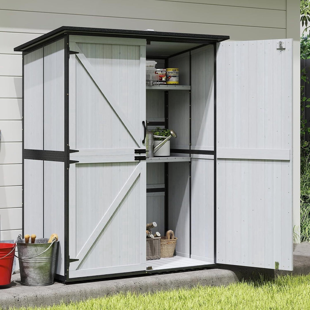 MEDEHOO Outdoor Storage Shed with Floor, Waterproof Storage Cabinet with Metal Frame, Adjustable Shelves, Garden Shed for Backyard Patio Lawn White AIR99-W-A-WM