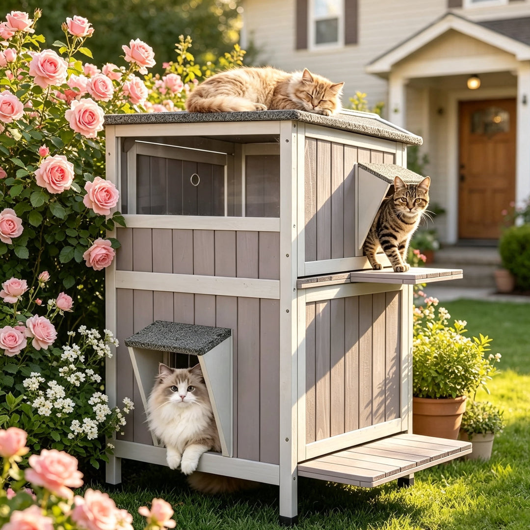 MEDEHOO Outdoor Feral Cat House Weatherproof 2-Story Cat Condon Enclosure for Outside Cats Shelter with Large Window, Escape Door, Jumping Platform
