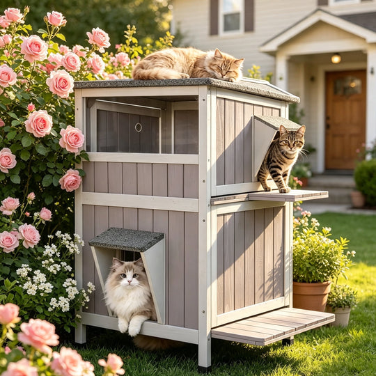 MEDEHOO Outdoor Feral Cat House Weatherproof 2-Story Cat Condon Enclosure for Outside Cats Shelter with Large Window, Escape Door, Jumping Platform