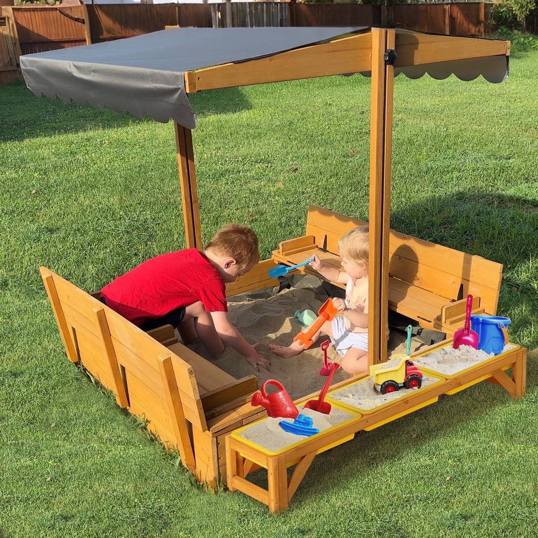 Sandbox with Lid and Cover for Kids Outdoor Sand Box with 3 Toy Bins, 2 Foldable Bench Seats, Adjustable Canopy and Sand Protection Liner, 47.2" L x 47.2" W x 51.9" H GUT08-N