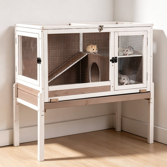 MEDEHOO Guinea Pig Cage with Wooden Stand Large Hamster Cage with Anti Chew Ramp, Hideout, Platform, Pull Out Tray (Brown, L) AIR53-WZ-D11-WM
