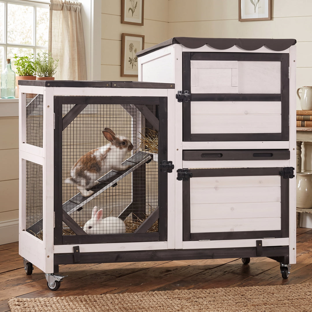 MEDEHOO 39.3" 2-Story Rabbit Hutch with Lockable Wheels, Indoor Outdoor Wooden Bunny Cage with 2 Pull-Out Trays and Chew-Resistant Edges, Black and White AIR7013-BW-WFS-GE