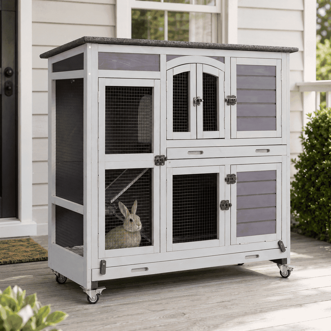 MEDEHOO Wood Rabbit Hutch Bunny Cage with Wheel, Two Layer Guinea Pig House for Outdoors &amp; Indoors AIR06-C-WM