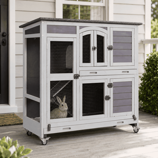 MEDEHOO Wood Rabbit Hutch Bunny Cage with Wheel, Two Layer Guinea Pig House for Outdoors &amp; Indoors AIR06-C-WM