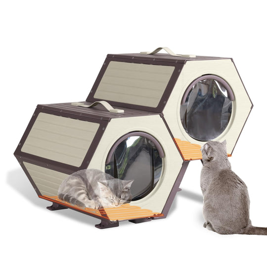 MEDEHOO Outdoor Heated Cat House with Heated Pad, Insulated Feral Cat Shelter House &amp; Condo with Escape Door for Winter Weatherproof, Brown &amp; White, 2 Set