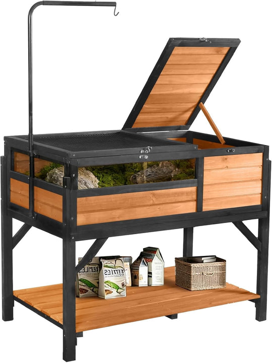 MEDEHOO Tortoise Habitat Turtle Enclosure, Wooden Tortoise House Reptile Cage for Small Animals, Reptile Tank with Large Storage Shelf AIR70B-WM