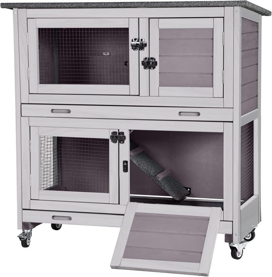 MEDEHOO Rabbit Hutch Bunny Cage, Guinea Pig Cage Bunny Hutch Indoor, Wood Pet Cage with 4 Casters -2 Story &amp; 2 Trays (Grey) AIR77-G-WM
