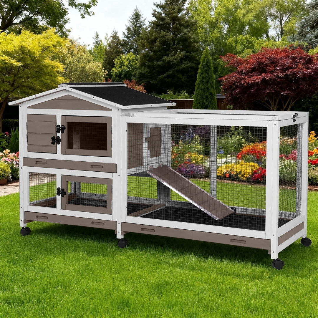 MEDEHOO Large Rabbit Hutch Indoor, Bunny Cage Outdoor with Chew-Proof Ramp, 2-Story Guinea Pig Cages with 6 Wheels, 3 Pull-Out Trays, Waterproof Asphalt Roof, 62" L - Coffee