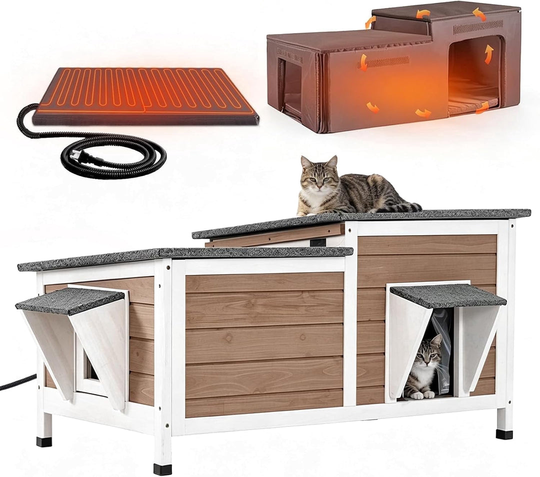 MEDEHOO 39.1" Large Heated Outdoor Cat House for 1-4 Cats, Insulated Wooden Feral Cat Shelter with Heating Pad and Escape Doors