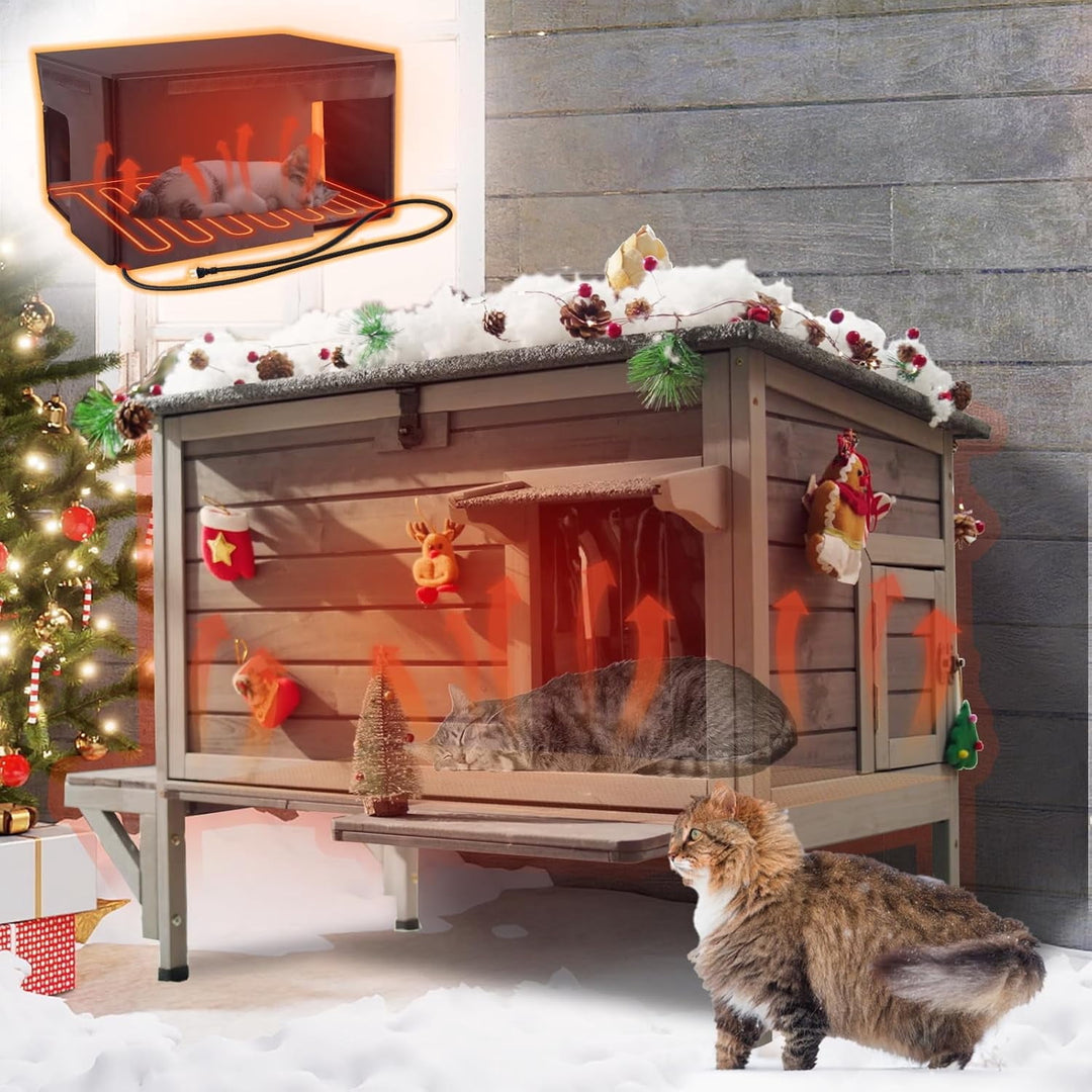 MEDEHOO Heated Cat House for Outside Outdoor Cat House Insulated Weatherproof Feral Cat Shelter with Heater and Insulated Liner AIR91-WBR-HP-N-WM
