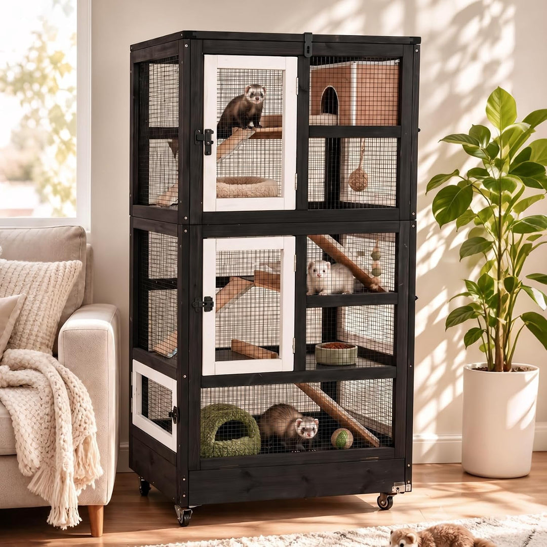 MEDEHOO 5-Tier Wooden Ferret Cage for Guinea Pigs Indoor Cage with Wheels 55.2" Large Chinchilla Cage, Chew-Resistant Edges, Leakproof Pull-Out Tray, 6 Access Doors, Easy-Clean (Black) AIR38-B-JO-WM