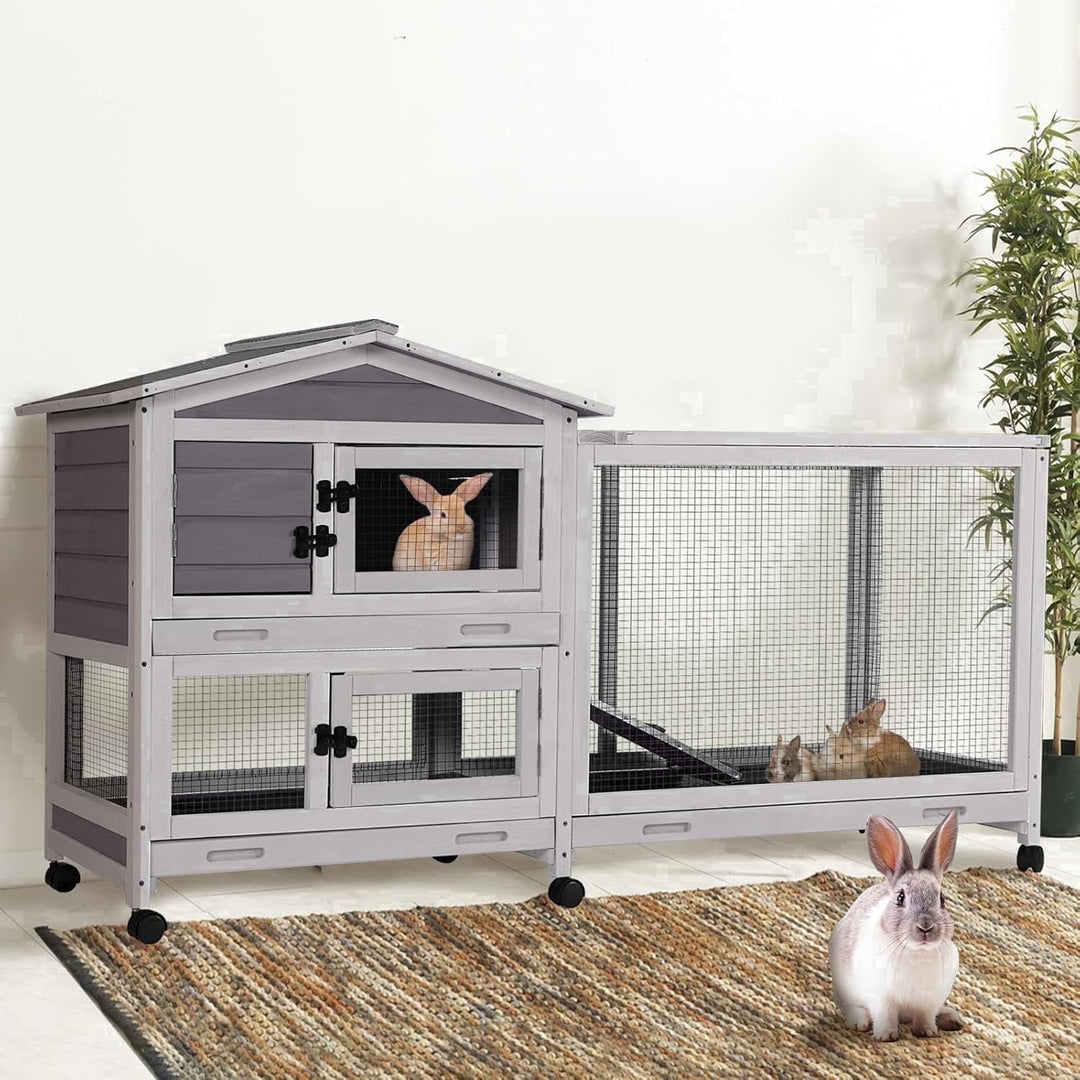 MEDEHOO 2-Story Rabbit Hutch Indoor Large Bunny Cage with Chew-Proof Ramp - Wooden Rabbit Cage Outdoor with 6 Lockable Caster Wheels &amp; Dual Pull-Out Trays for Rabbits, 62"L x 22.6"W x 33.5"H (Grey) AIR19-G-MAR-WM