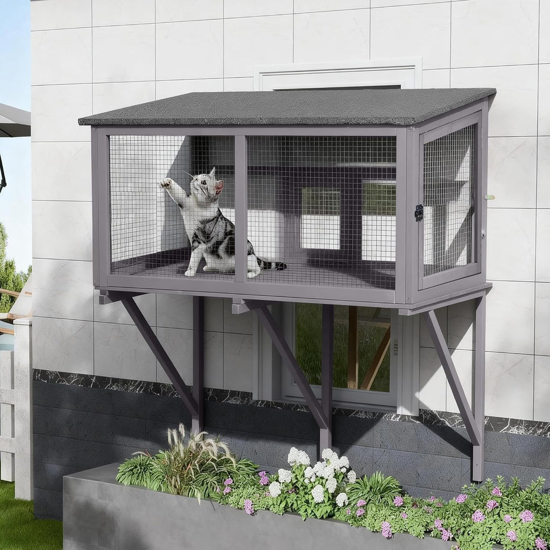 MEDEHOO Cat Window Box, Window Catio Outdoor Cat Enclosure - Weatherproof &amp; UV-Resistant Wooden Catio with 360° Unobstructed View, Mosquito-Proof Design