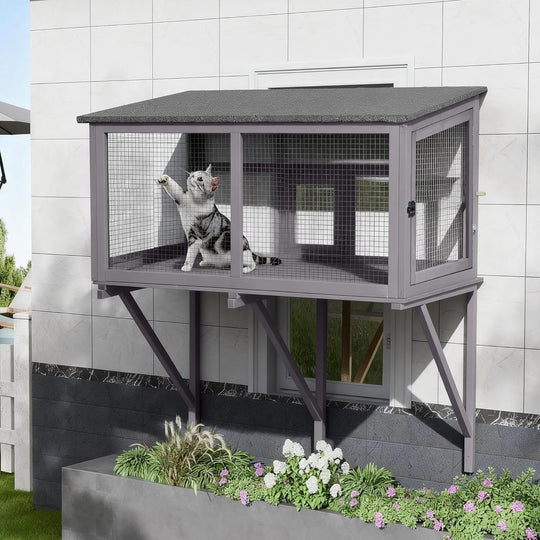 MEDEHOO Cat Window Box, Window Catio Outdoor Cat Enclosure - Weatherproof &amp; UV-Resistant Wooden Catio with 360° Unobstructed View, Mosquito-Proof Design