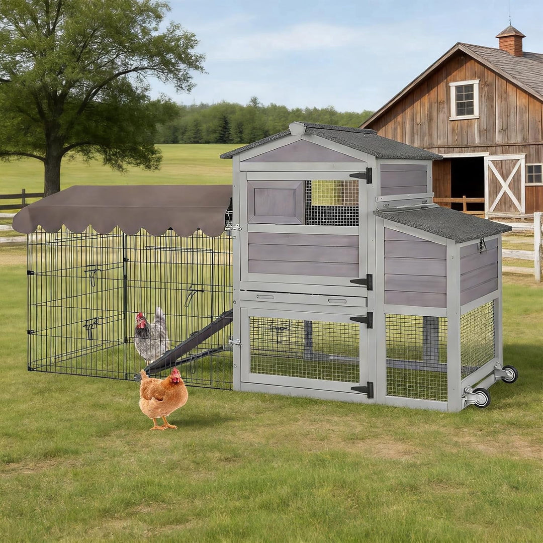 MEDEHOO 79‘’ Chicken Coop with Wheels, Wooden Hen House with Large Nesting Box, Outdoor Poultry Cage with Leakproof Pull-on Tray, Backyard Chicken Coop with Run, Weatherproof Rabbit Hutch CK7008-4DML-WM