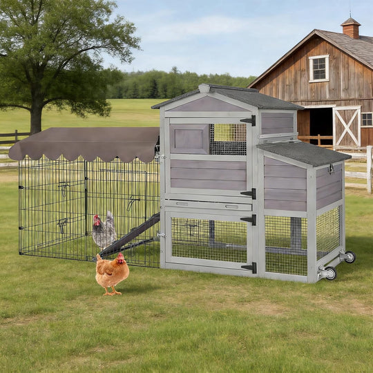 MEDEHOO 79‘’ Chicken Coop with Wheels, Wooden Hen House with Large Nesting Box, Outdoor Poultry Cage with Leakproof Pull-on Tray, Backyard Chicken Coop with Run, Weatherproof Rabbit Hutch CK7008-4DML-WM