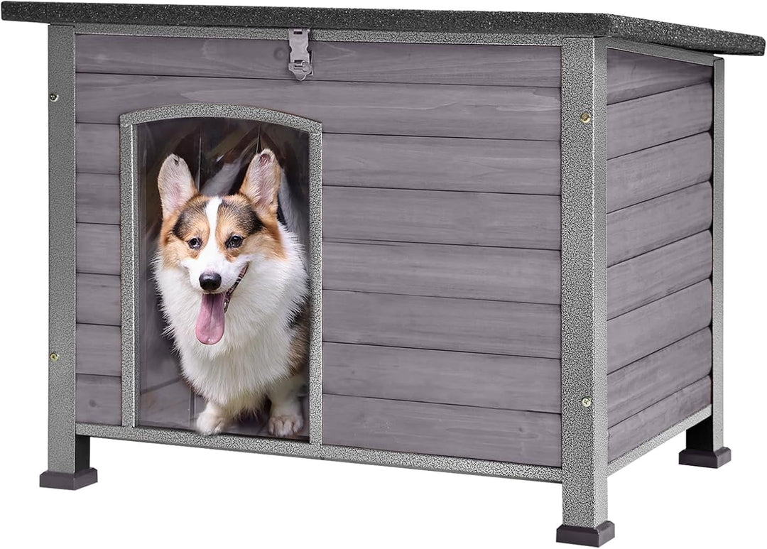 MEDEHOO Indoor Outdoor Dog House, Anti-Chewing Iron Frame Dog Kennel, Wood Warm Pets Home,Weatherproof Outside Shelter for Feral Animal 33.5" (L) X 22" (W) X 25.2" (H) Grey AIR073-WM