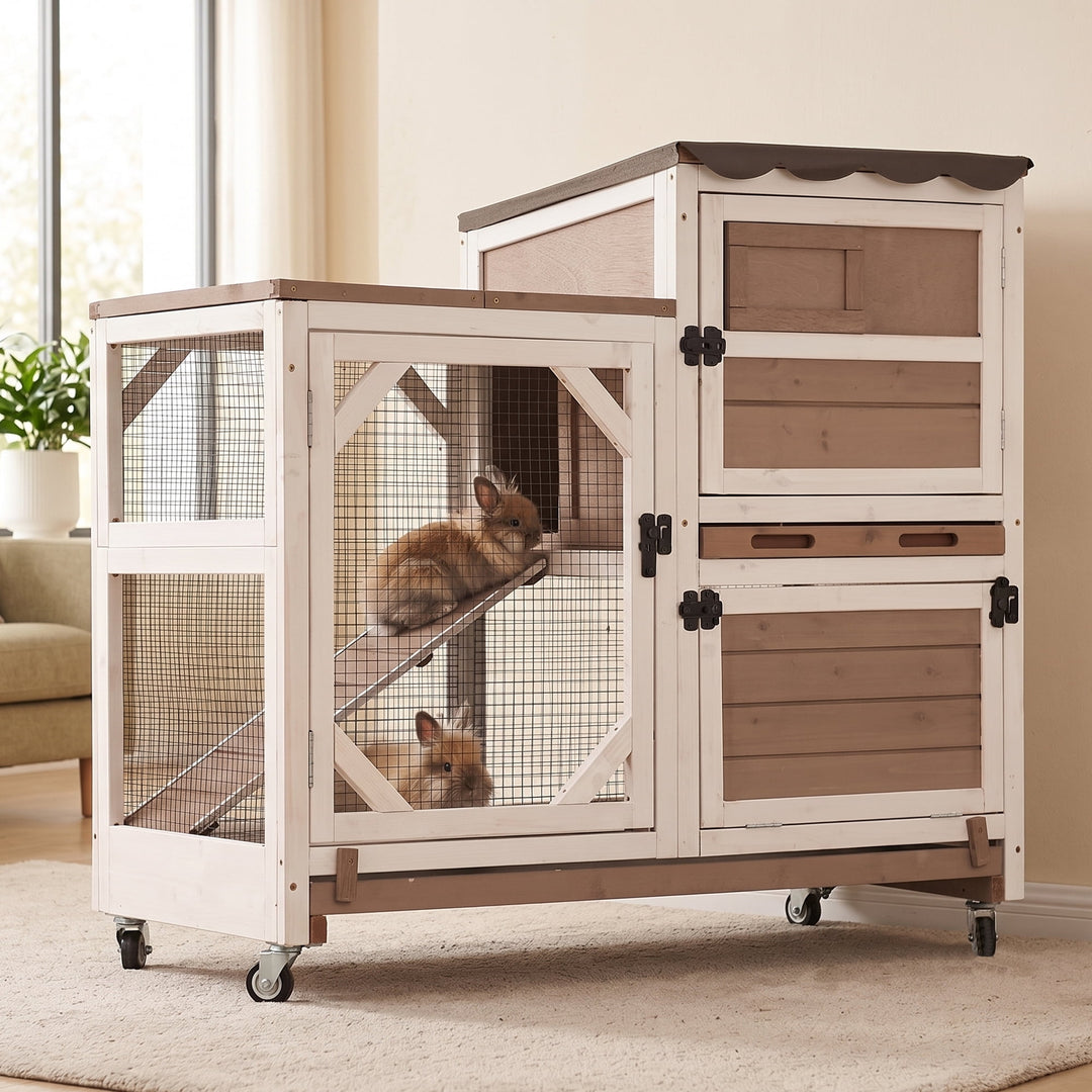 MEDEHOO Rabbit Cage Indoor Outdoor Bunny Hutch on Wheels, 2 Story Wood Guinea Pig Cages with 2 Deeper Pull Out Trays AIR7013-PD