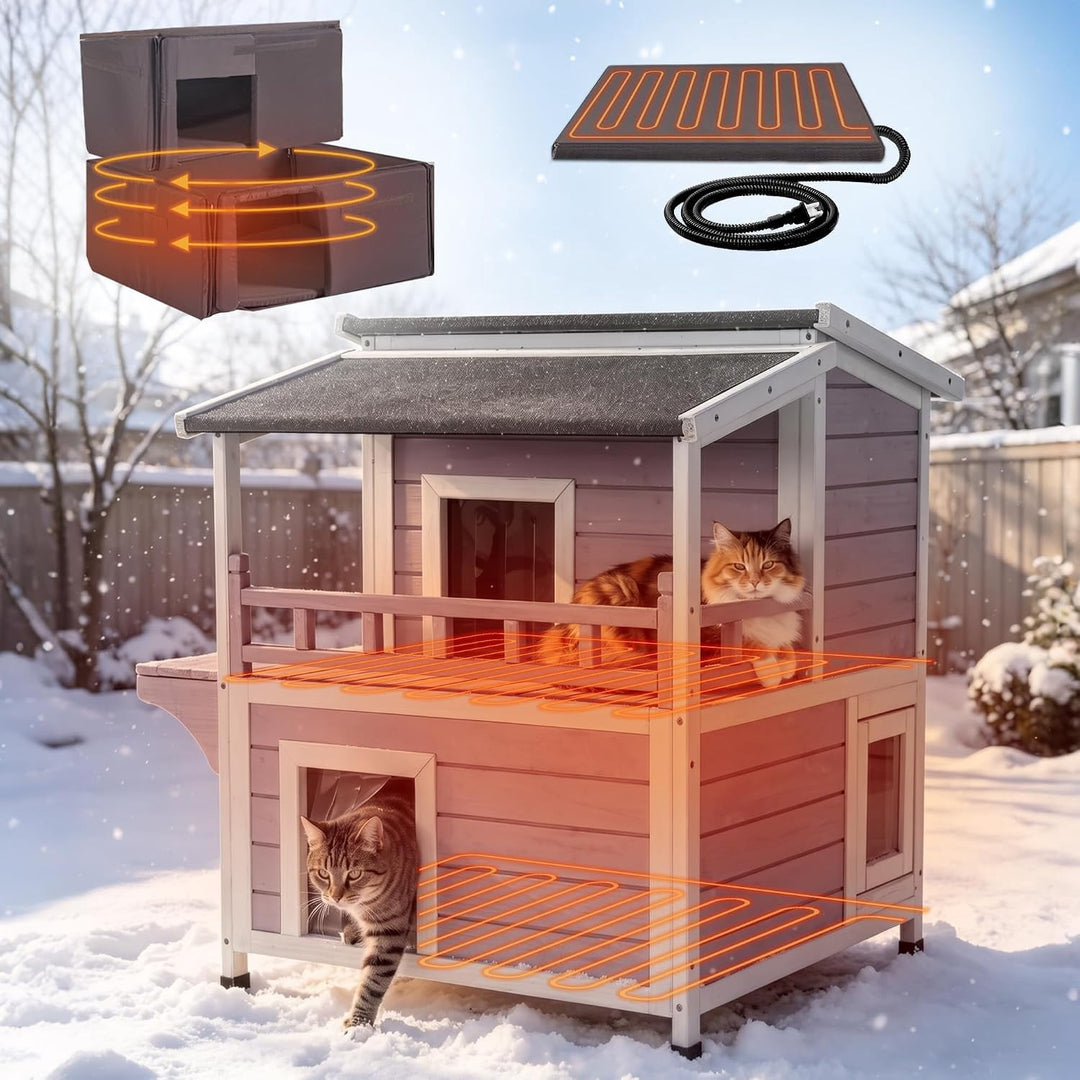 MEDEHOO Heated Cat House for Outdoor Cats 2-Stroy Insulated Kitty Shelter with Heater for Winter,Waterproof Great for Indoor &amp; Outdoor Use