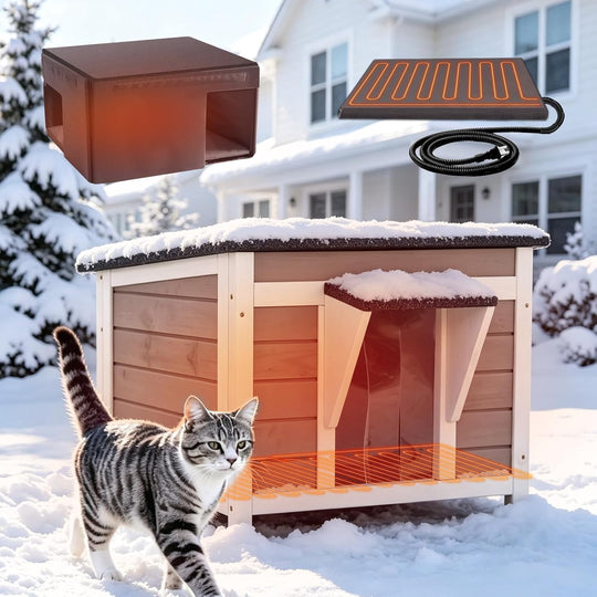 MEDEHOO Heated Cat House Outdoor Insulated Weatherproof Wooden Feral Shelter, Insulated Liner, 8-Layer Heating Pad, Asphalt Roof, PVC Door Flap, Brown AIR12-WB-HP-WL