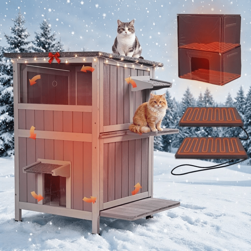 MEDEHOO 2-Story Heated Outdoor Cat House for 1-4 Cats, Insulated Wooden Feral Shelter with Heating Pad, Liner &amp; Escape Doors,Gray