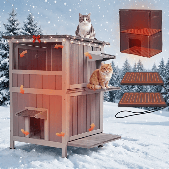 MEDEHOO 2-Story Heated Outdoor Cat House for 1-4 Cats, Insulated Wooden Feral Shelter with Heating Pad, Liner &amp; Escape Doors,Gray
