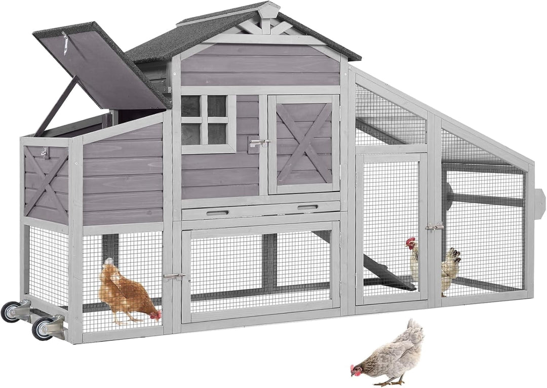 MEDEHOO 73.4" Large Chicken Coop with Wheels for Outdoor, Mobile Chicken House with Nest Box &amp; Removable Tray for 2-5 Chickens, Weatherproof Poultry Cage, Gray SKY32-D-WM