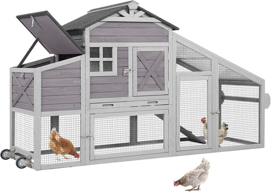 MEDEHOO 73.4" Large Chicken Coop with Wheels for Outdoor, Mobile Chicken House with Nest Box &amp; Removable Tray for 2-5 Chickens, Weatherproof Poultry Cage, Gray SKY32-D-WM