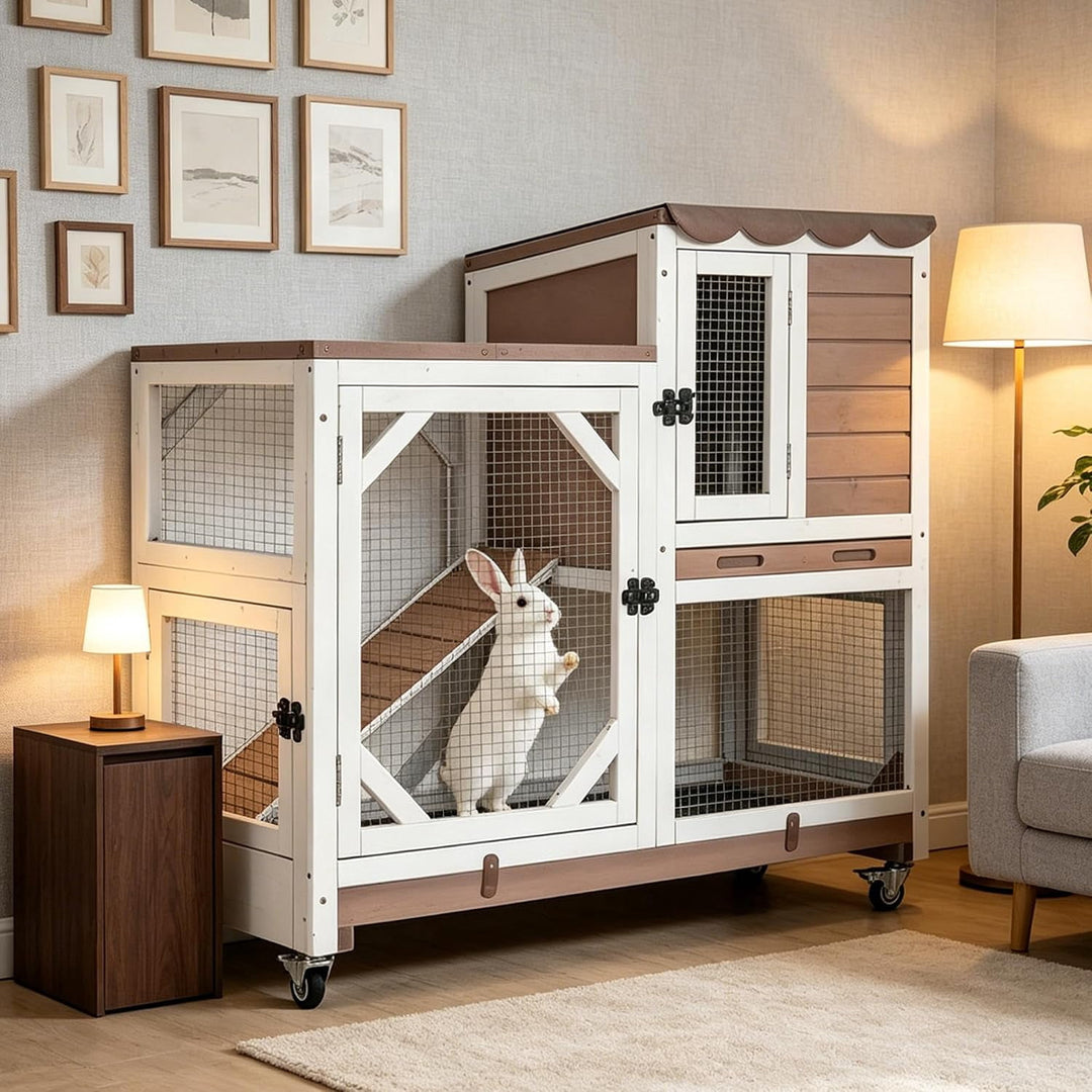 2-Story Rabbit Hutch Bunny Cage with Leak-Proof Trays &amp; Chew-Proof Ramp - Indoor/Outdoor 39.3" Wooden Rabbit Cage with Wheels (Brown)