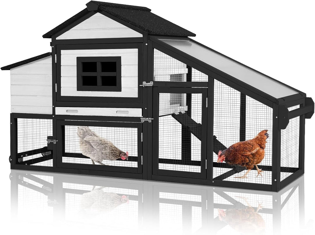 MEDEHOO Chicken Coop Expandable Chicken House for Outdoor with Wheels Nesting Box, Leakproof Pull-on Tray, and UV-Resistant Roof Panel - Black&amp;White