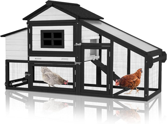 MEDEHOO Chicken Coop Expandable Chicken House for Outdoor with Wheels Nesting Box, Leakproof Pull-on Tray, and UV-Resistant Roof Panel - Black&amp;White