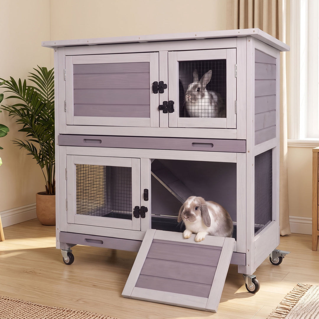 MEDEHOO Rabbit Hutch Bunny Cage Outdoors &amp; Indoors with Wheel, 2-Story Rabbit Cage for Guinea Pigs with 2 Leakproof Trays &amp; 4 Wheels AIR77-PD