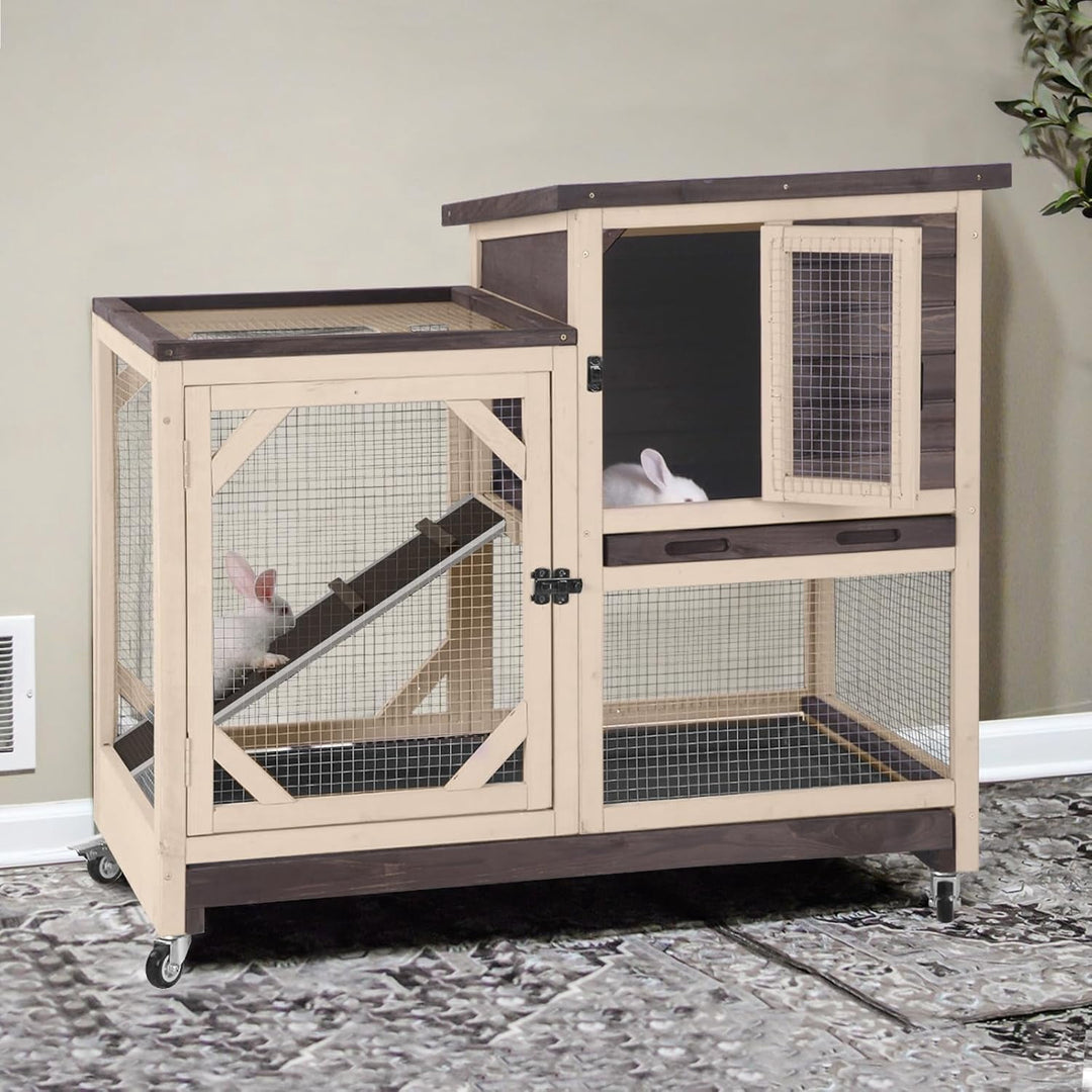 MEDEHOO 2-Story Rabbit Hutch with Chew-Proof Ramp &amp; Pull-Out Trays - Indoor/Outdoor 39.3" Wooden Rabbit Cage on Wheels for Rabbits, Guinea Pigs (Beigie&amp;Brown)