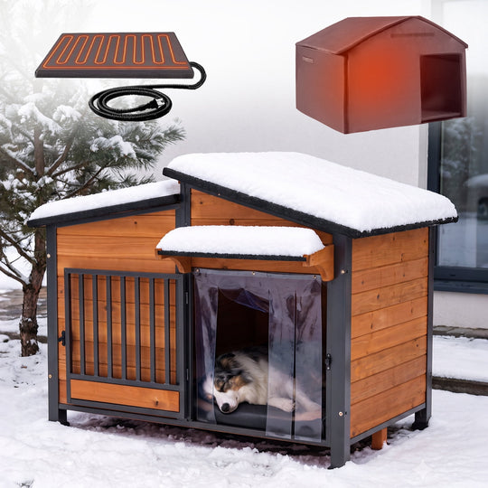 MEDEHOO Large Heated Dog House Outdoor Insulated Dog Kennel Weatherproof with Safe Heating Pad, Chew-Proof Metal Frame, Rotatable Spill-Proof Bowl for Large Dog Breeds, 39.7" L x 25.5" W x32.2 H