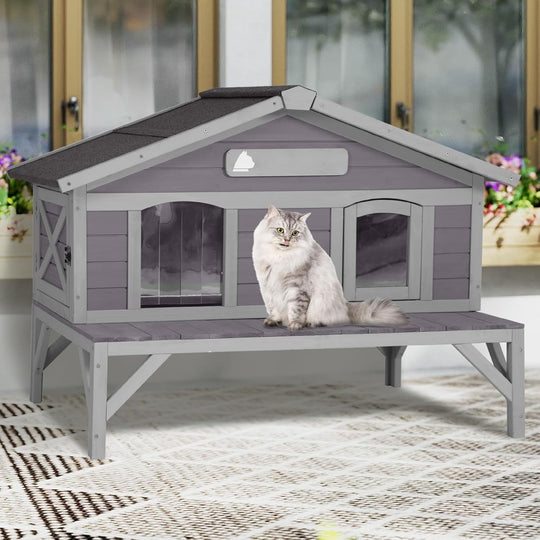 MEDEHOO Outdoor Cat House, Wooden Feral Cat Shelter with Large Balcony. Weatherproof Cat House for Stray Cats Outside with Escape Doors, Indoor Kitten Condo AIR92-ML-WM